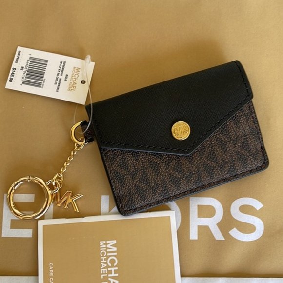 Michael Kors Kala Small Flap Key Ring Card Case Wallet MK Brown Black - Picture 12 of 13